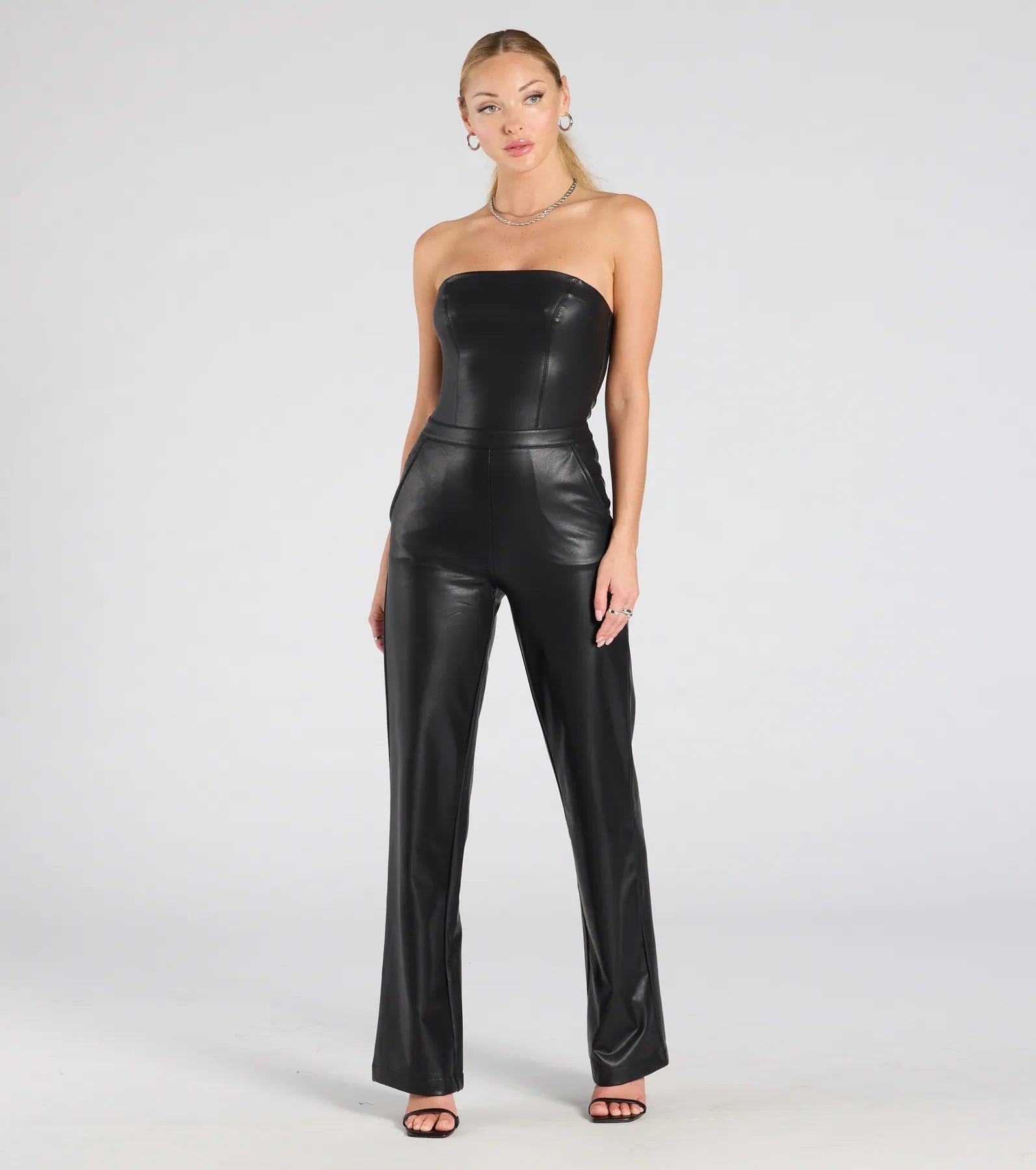 women's jumpsuits with neon colorsOn The Low Strapless Wide-Leg Faux Leather Jumpsuit