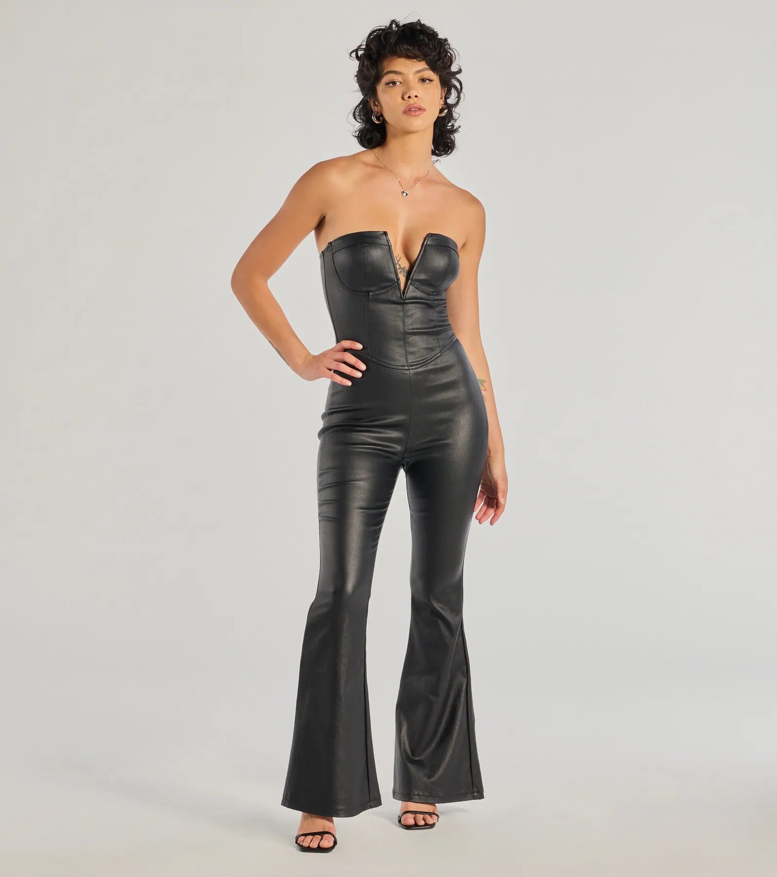 women's jumpsuits with zippersRebel Chic Faux Leather Wide-Leg Jumpsuit