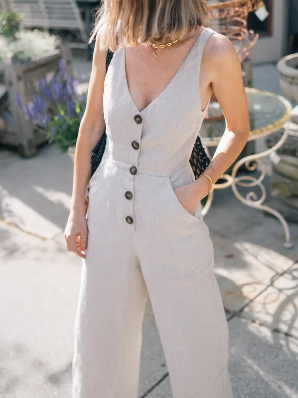 women's jumpsuits for cozy daysDeep V-Neck Button Linen Jumpsuit