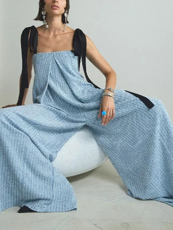 women's jumpsuits for loungingWomen's Fashion Blue Knitted Tied Wide Loose Jumpsuit