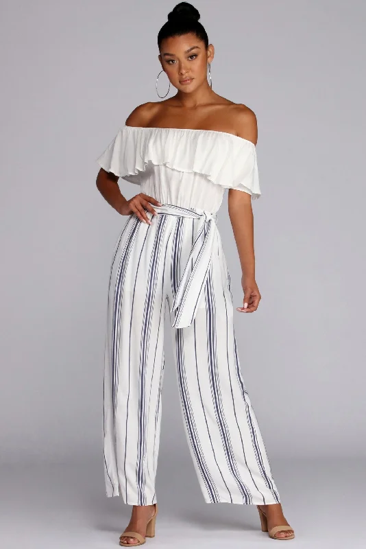 women's jumpsuits with rufflesFluttery Feels Striped Jumpsuit