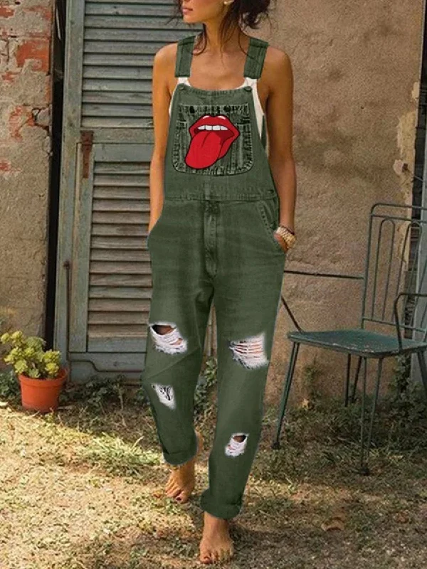 women's jumpsuits with bow tiesPrinted Denim Casual Jumpsuit