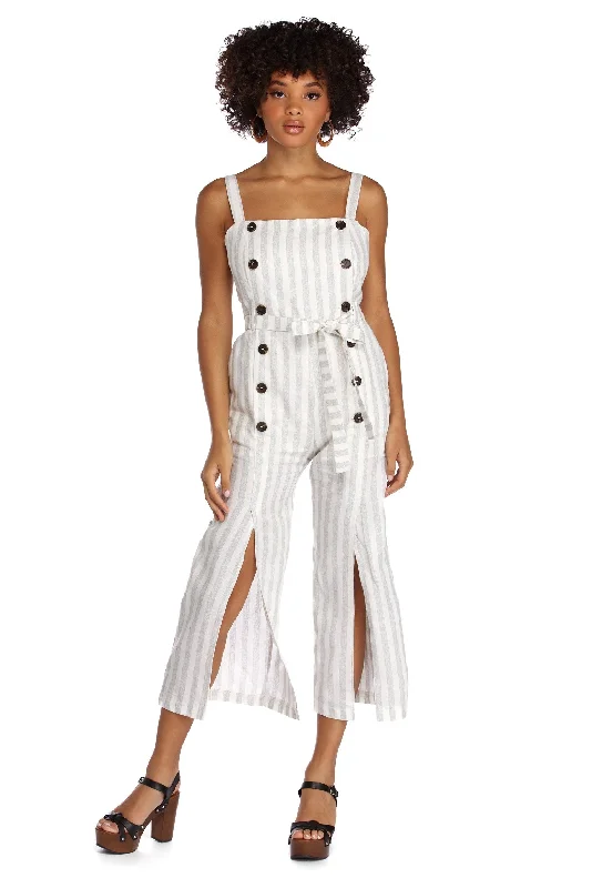 women's jumpsuits for formal eventsTie Front Striped Culotte Jumpsuit