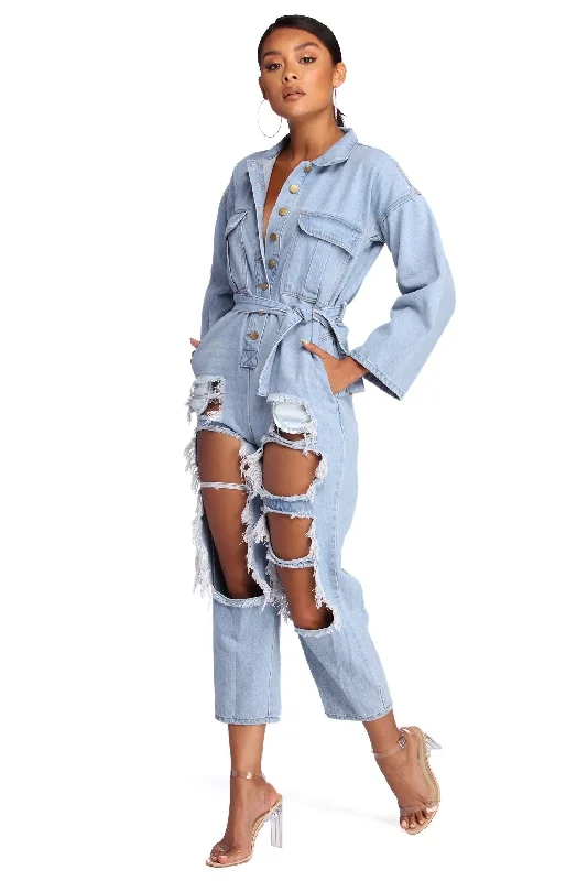 women's jumpsuits for stylish and functional fashionFeeling Fierce Distressed Denim Jumpsuit