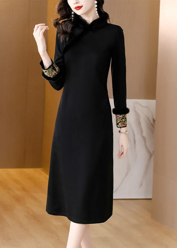 maxi dresses for springDinner Black Stand Collar Warm Fleece Mink Hair Maxi Dress Long Sleeve