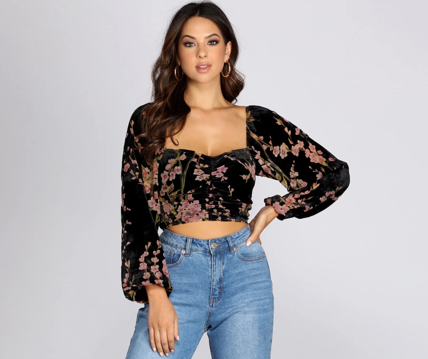 cropped women's topsFloral Burnout Long Sleeve Blouse