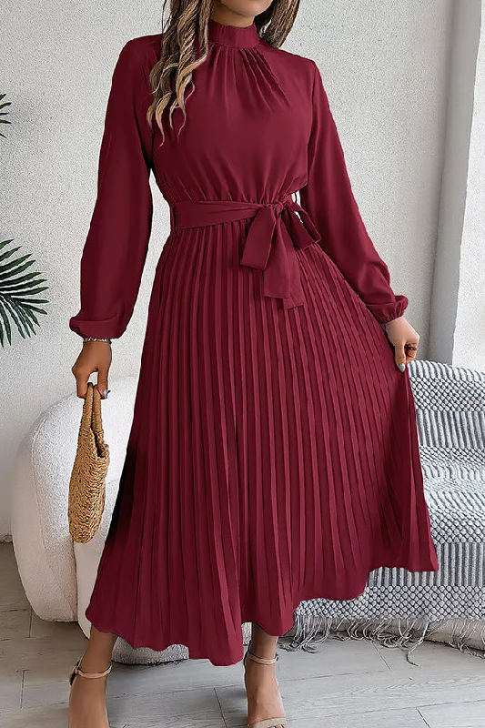 off-the-shoulder midi dressesElegant Stand-collar Long-sleeve Waisted Tie-up Pleated Midi Dress