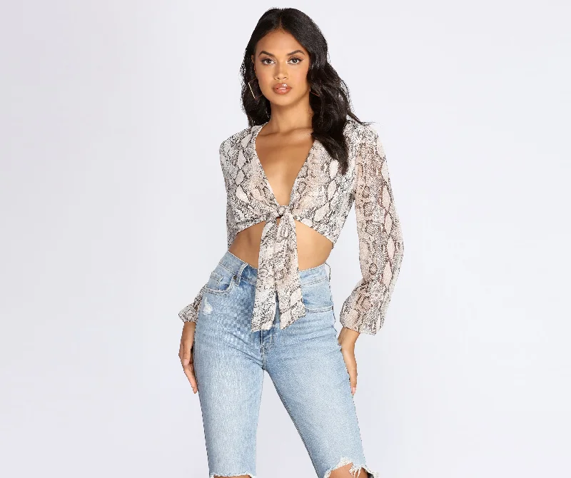 women's tops for boho-chic stylesSnake Print Long Sleeve Crop Top