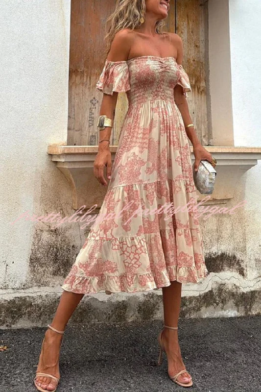 stylish midi dressesPitaya Unique Print Off Shoulder Smocked Ruffle Sleeve Layered Midi Dress