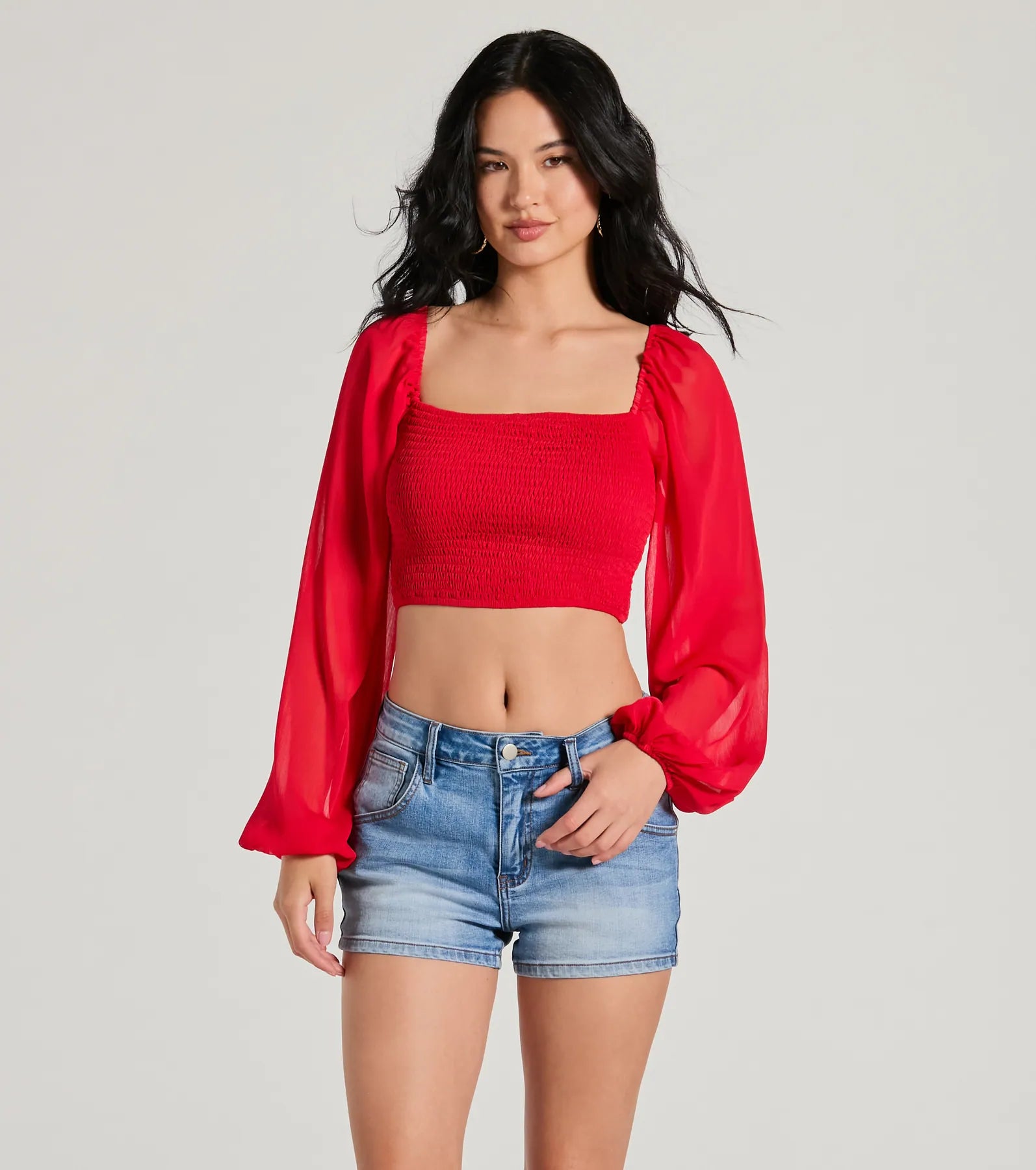 women's tops for those who want to create stylish and put-together outfits without spending a fortuneCLEARANCE - Too Sweet Long Sleeve Smocked Chiffon Crop Top