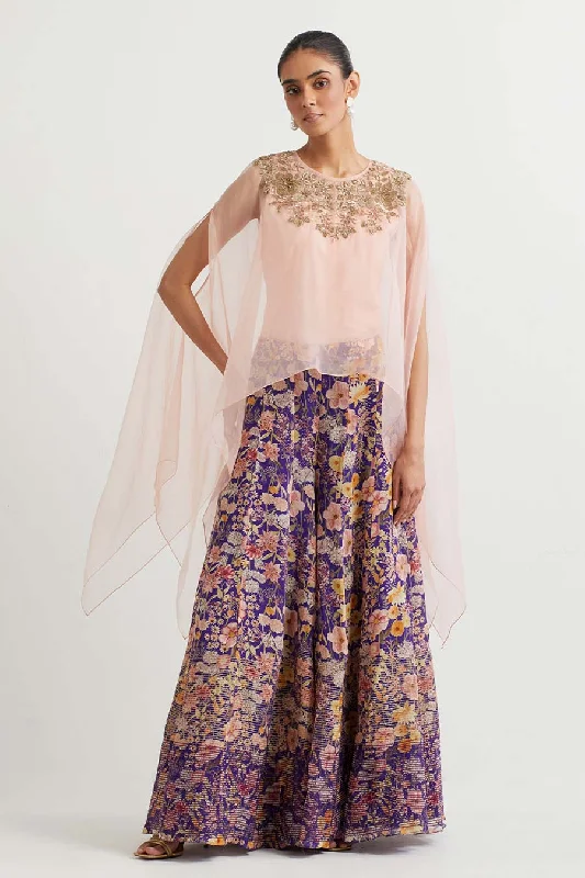 women's floral skirtsPeach Embroidered Cape & Purple Printed Skirt Set