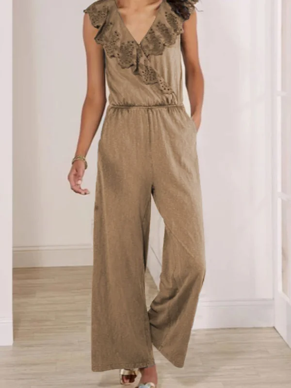 women's jumpsuits with checkered designsLace Stitching V-neck Sleeveless Jumpsuit