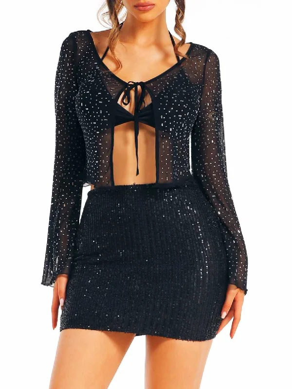 women's velvet wrap skirts for elegant eveningsBlack Rhinestone Top and Sequin Skirt Set