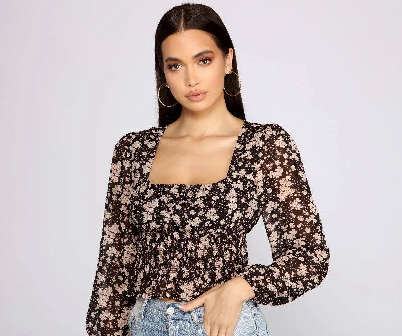 women's tops for those who love to shop for unique findsFloral Charm Smocked Long Sleeve Top