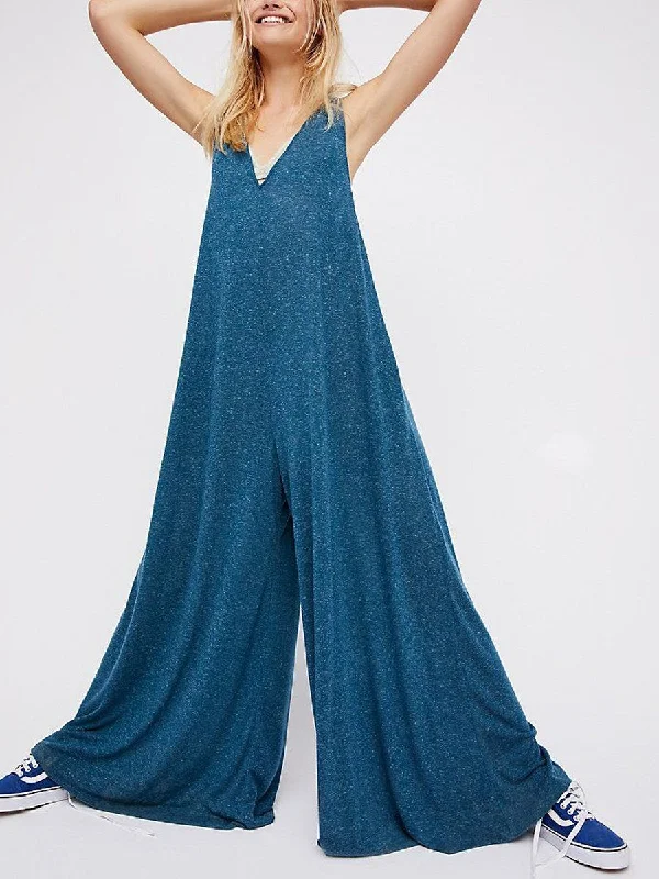 women's jumpsuits for maximalist fashionWomen's Fashion Blue V-Neck Loose Jumpsuit