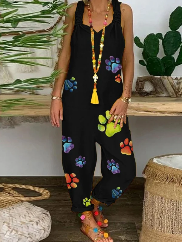 women's jumpsuits with checkered designsRomantic Cute Casual Loose Cat Paw Print Jumpsuit