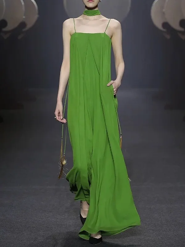 women's high-slit jumpsuitsWomen's Green Chiffon Pleated Loose Jumpsuit