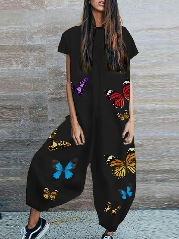 women's jumpsuits with pocketsShort Sleeve Butterfly Print Jumpsuit