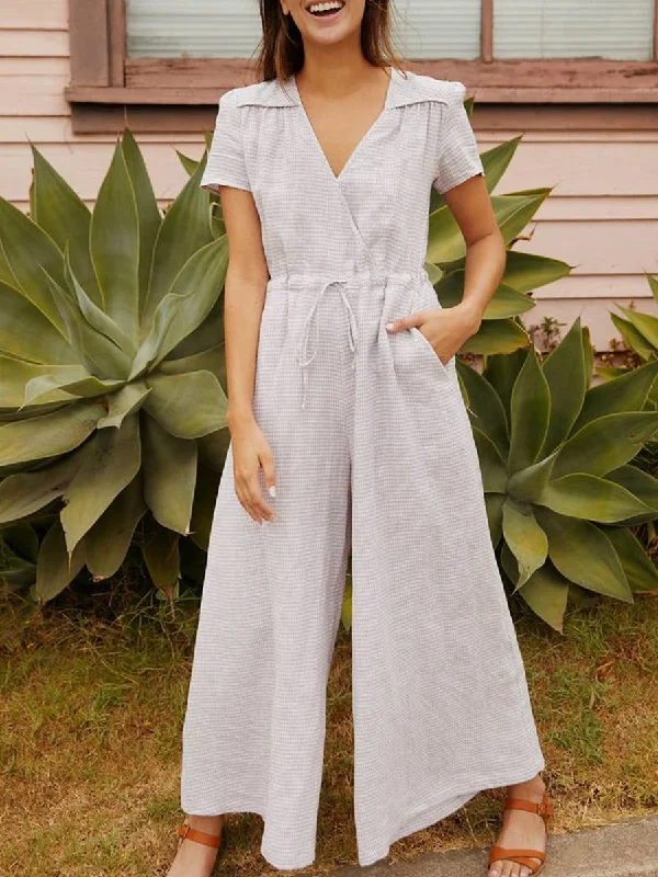 women's jumpsuits made of denimV Neck Lace-Up Linen Jumpsuit