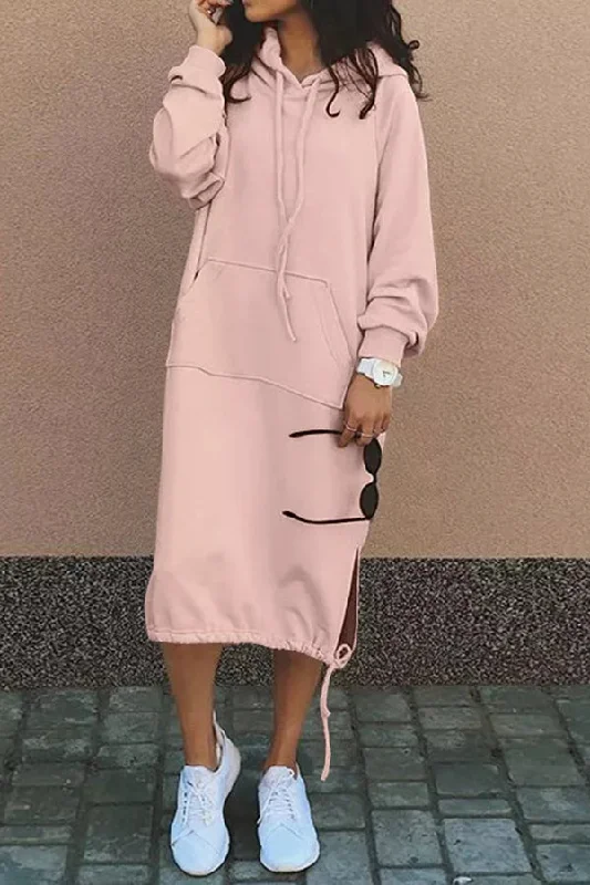 flowy midi dressesSolid Color Casual Hooded Lace-up Pocket Sweatshirt Style Midi Dress