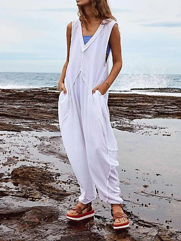 women's jumpsuits for lightweight designsWomen Casual V-neck Sleeveless Overalls Jumpsuit