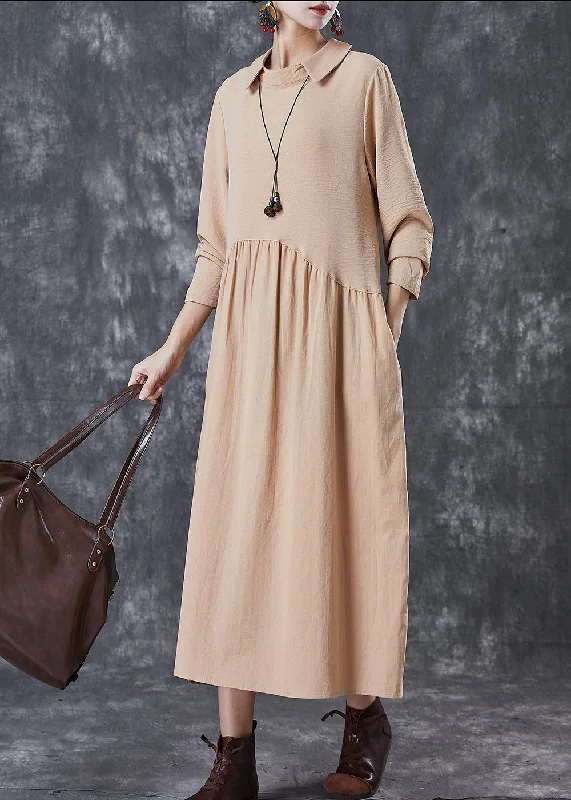 maxi dresses with high necklinesUnique Khaki Peter Pan Collar Patchwork Cotton Maxi Dresses Spring