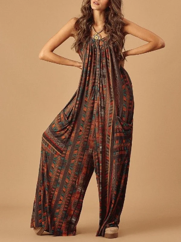 women's jumpsuits for yogaFashionable Loose Print Pocket Jumpsuit