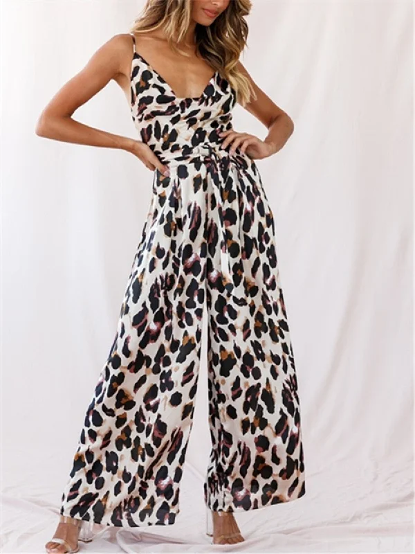 women's jumpsuits for affordable luxurySexy Leopard Sling Wide Leg Jumpsuits