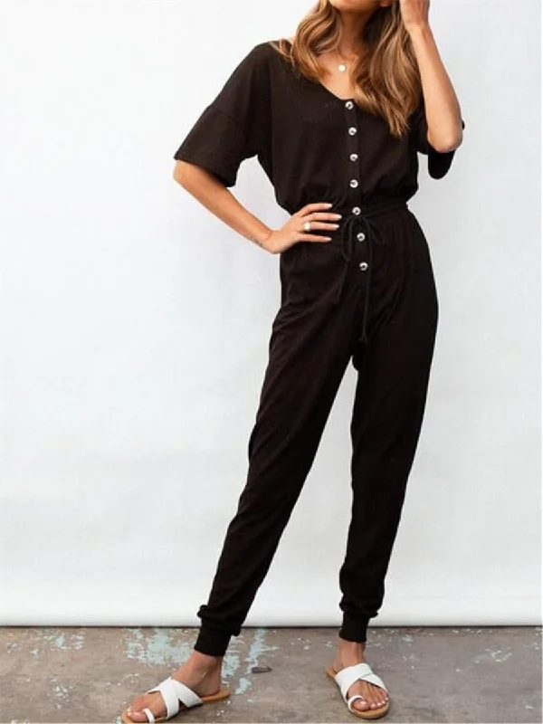 women's jumpsuits for eco-friendly choicesComfortable Casual Solid Color V Neck Button Jumpsuits