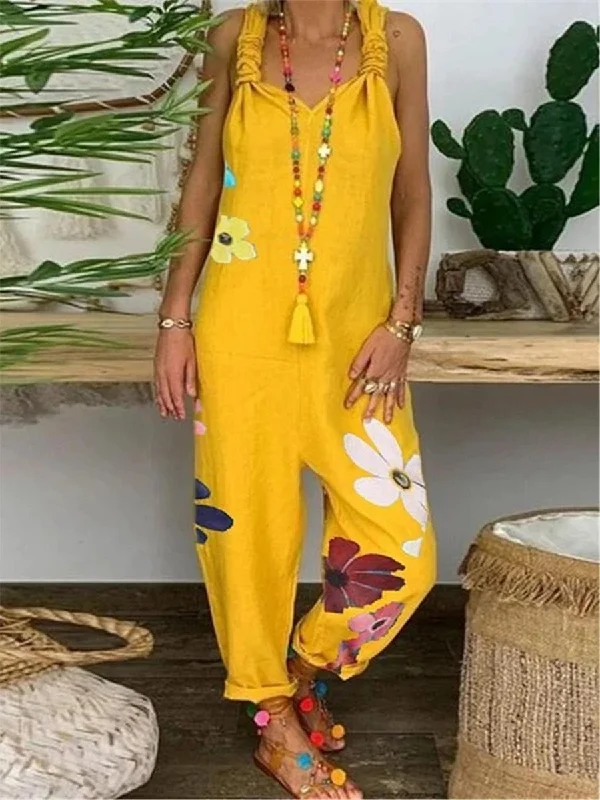 women's jumpsuits made of cottonBohemian Casual Loose Floral Jumpsuit