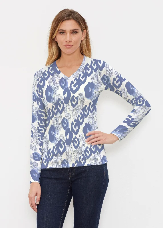 women's tops with flutter sleevesRoyal Blue Ikat (7808) ~ Butterknit Long Sleeve V-Neck Top