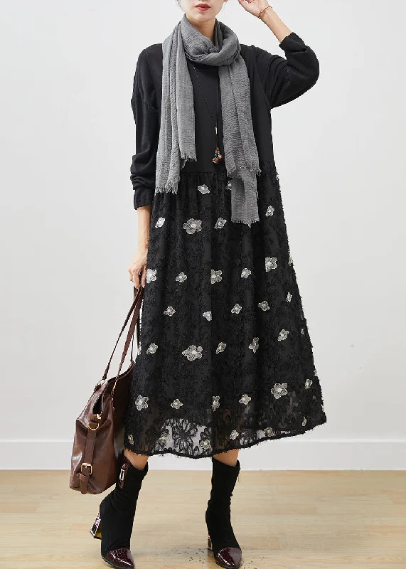 maxi dresses with embroidered patternsStylish Black Floral Exra Large Hem Cotton Maxi Dresses Spring