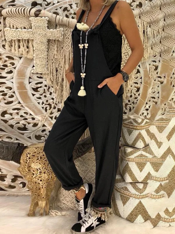 women's jumpsuits with self-ties at the waistCasual Wild Solid Suspenders Jumpsuit