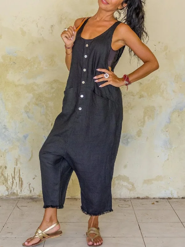 women's jumpsuits with buttonsBlack Plain Shift Casual jumpsuit V Neck One-Pieces