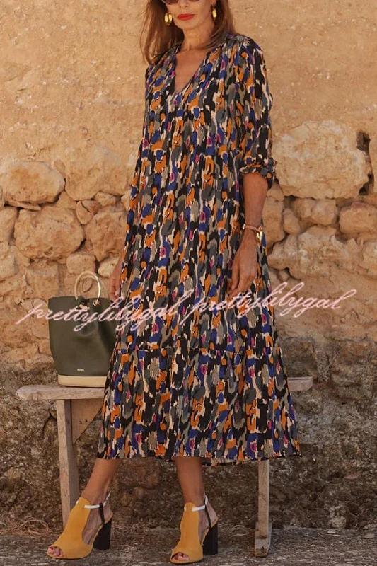 waist-cinching midi dressesMulticolor Color Block Print V-neck Loose Resort Midi Dress