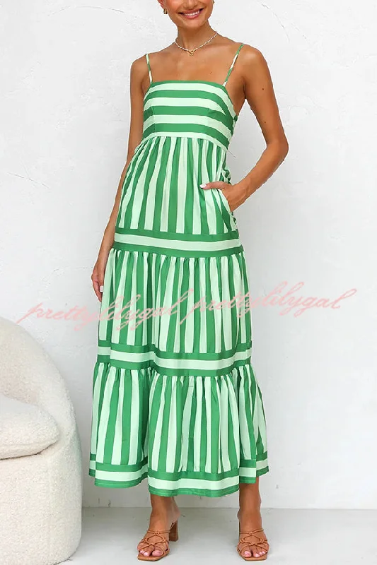 polyester midi dressesBeachy Dreams Striped Print Back Smocked Pocket A-line Slip Midi Dress