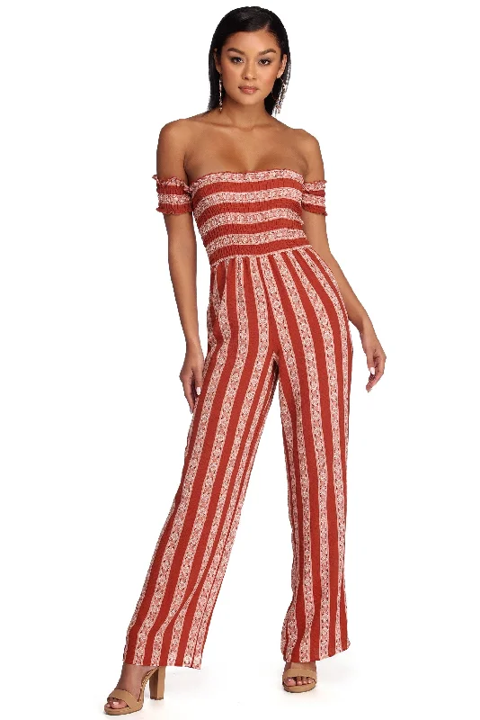 women's jumpsuits with Peter Pan collarsSmocked And Striped Jumpsuit