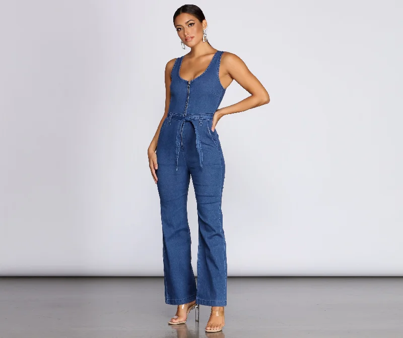 women's jumpsuits for yogaZip Front Denim Jumpsuit