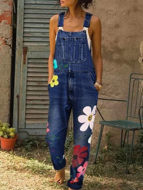 women's jumpsuits with cinched waistsWomen Vintage Floral Print Denim Pockets Jumpsuit