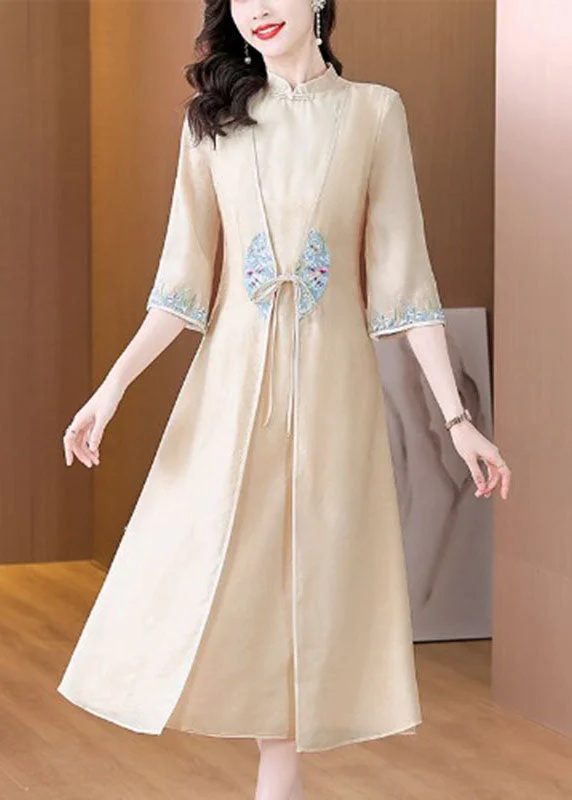 maxi dresses for winter (with tights)Chinese Style Apricot Stand Collar Embroidered Patchwork Tie Waist Silk Maxi Dress Long Sleeve