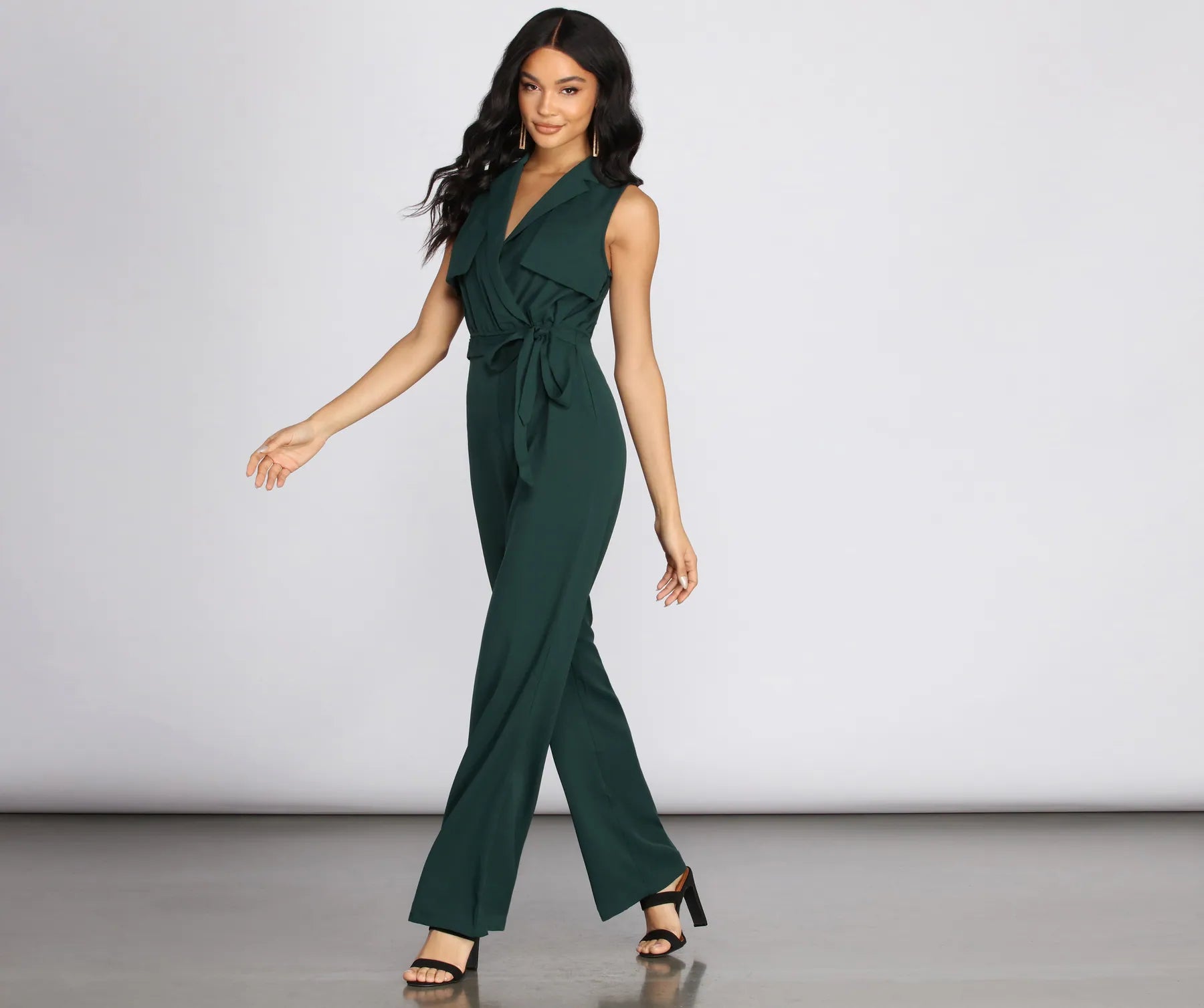 women's jumpsuits made of chiffonCollared Tie Waist Jumpsuit