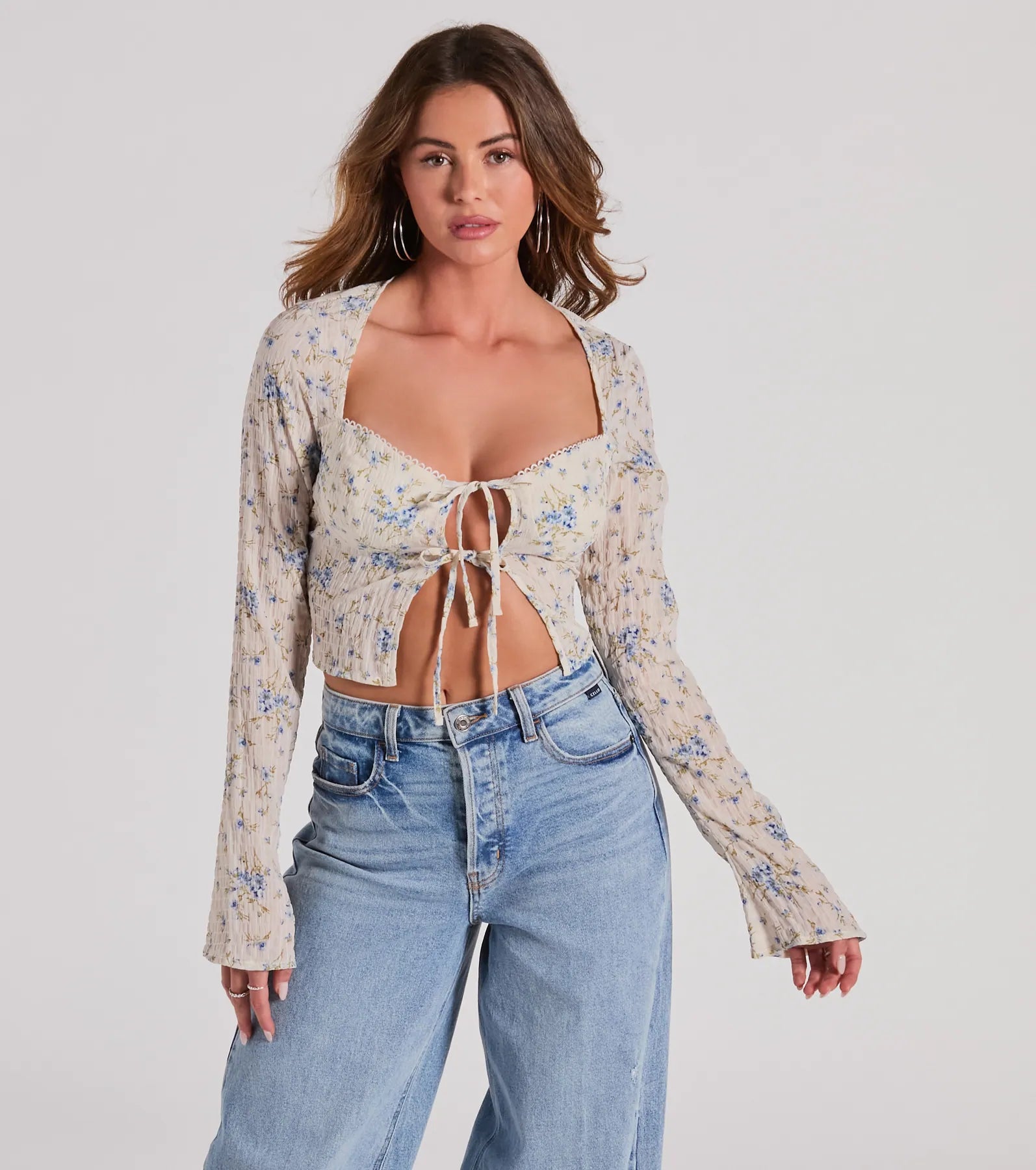 women's tops for those who want to add a touch of elegance and sophistication to their everyday wearSweetness Blend Long Sleeve Floral Tie-Front Top