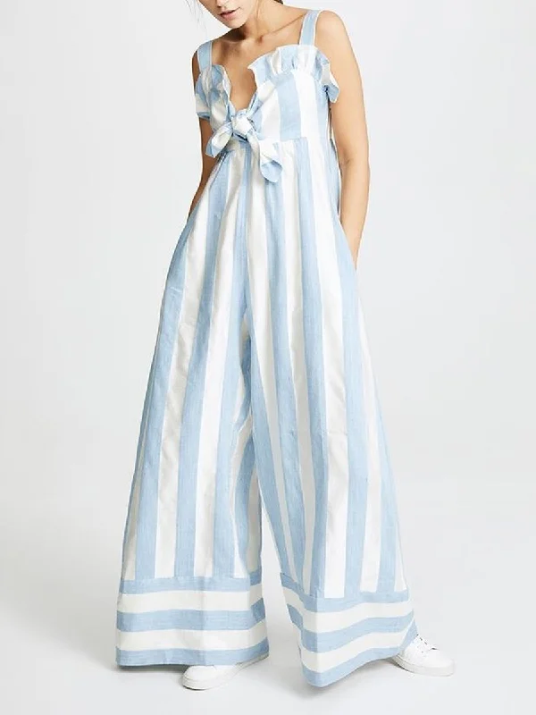 women's jumpsuits for hourglass figuresWomen's Fashion Striped Ruffled Loose Linen Jumpsuit