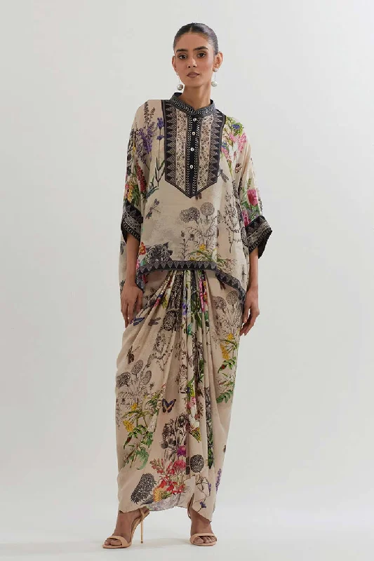 women's flowy midi skirts with pocketsBotanical Printed Kaftan Top & Drape Skirt Set