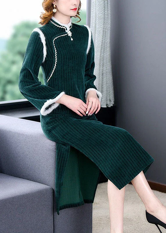 maxi dresses for maternity wearUnique Green Patchwork Side Open Thick Velour Maxi Dress Long Sleeve