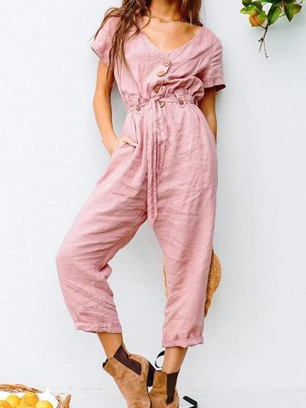 women's jumpsuits for versatile stylingButton V Neck Short Sleeve Jumpsuit