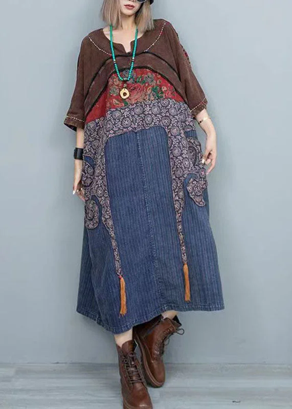 maxi dresses for formal eventsVintage Colorblock Print Patchwork Denim Maxi Dresses Long Sleeve