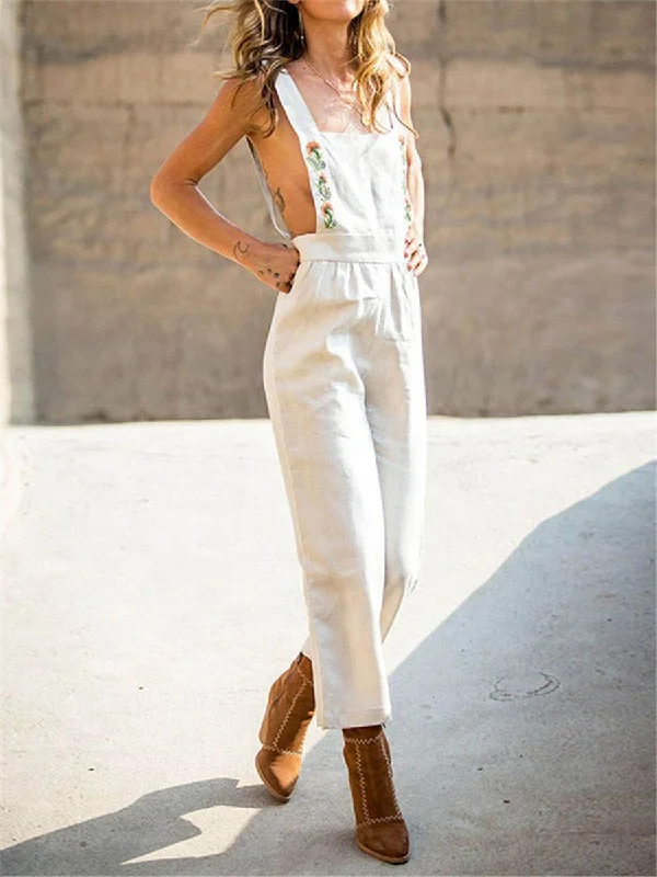 women's jumpsuits for bohemian chicEmbroideried Casual Solid Color Straps Pockets Jumpsuit