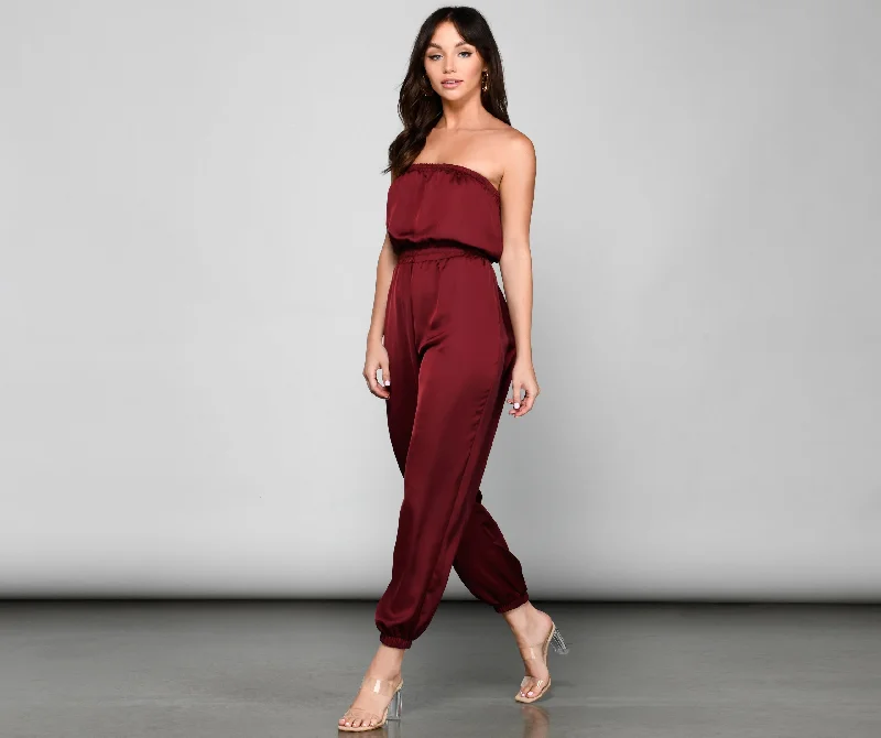 women's jumpsuits with V-necksSleek Strapless Satin Jumpsuit