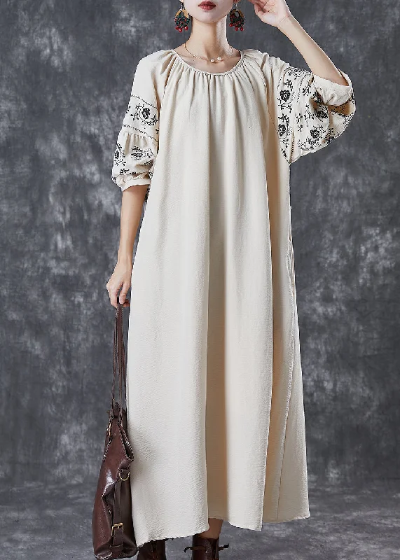 maxi dresses with spaghetti strapsBoutique Beige O-Neck Oversized Cotton Maxi Dresses Puff Sleeve